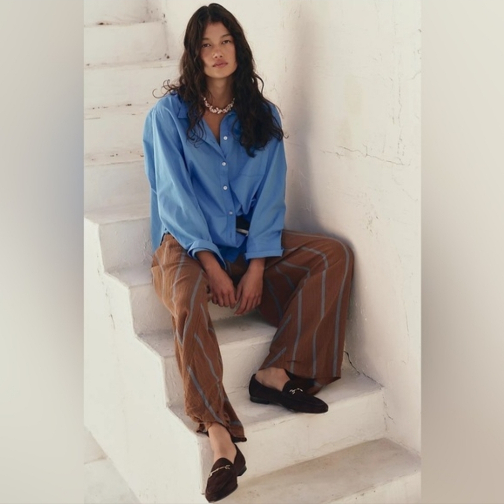 Loose-Fit Blue Button-Up Shirt and Brown Wide-Leg Pants Set - Picture 3 of 12
